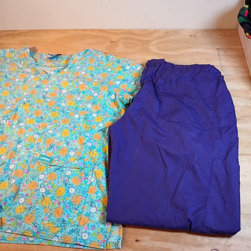 Womens Scrub Set XL Landau Teal Floral Top Wear For Care Purple Pants Set Lot